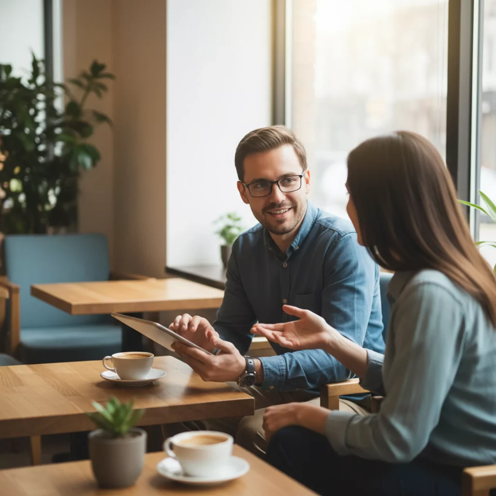A person interviewing a user, holding a notebook or tablet. Warm, human-centered visuals.