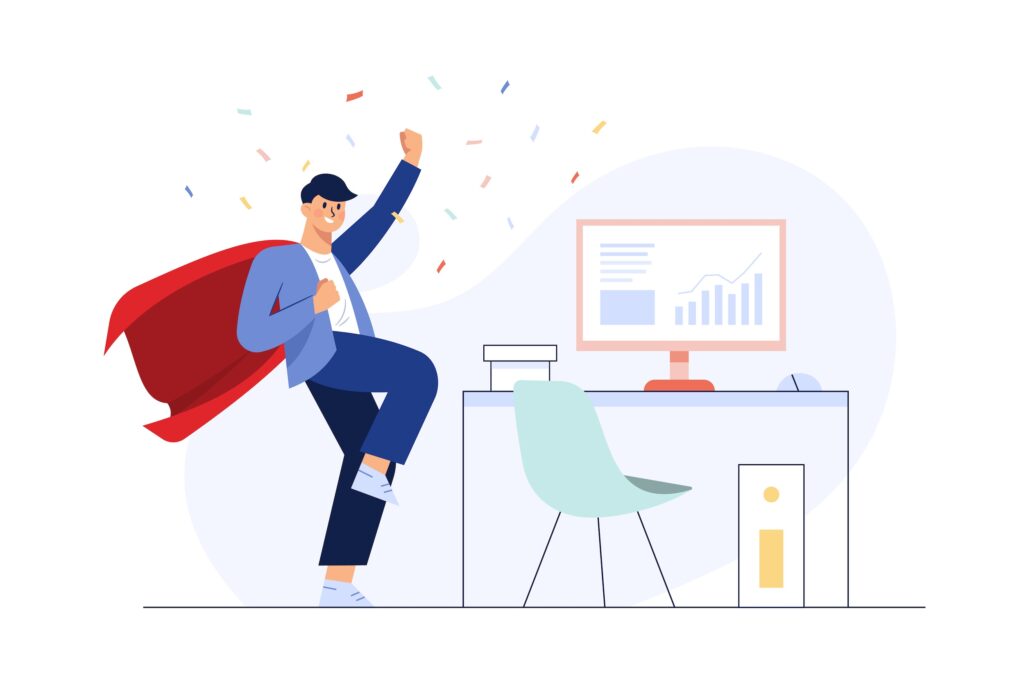 Successful businessman celebrating a victory. Flat 2D character showing UX Superpower